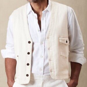 Banana Republic Denim Asymmetric Pocket Cotton Ecru Western Button Up Vest Sz L